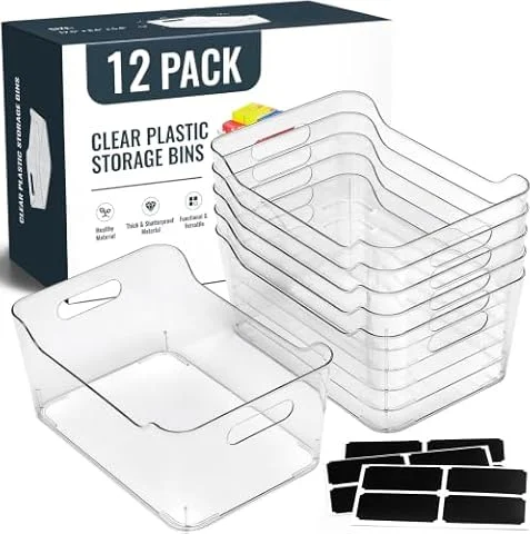 12 PACK Multi-Use Clear Storage Bins, Pantry Kitchen Cabinet Organizer Bins | Crystal-clear, Thicker, BPA Free, 12 Stickers - Plastic Containers for Home, Shelf, Cupboard, Fridge, Office, RV Organization
