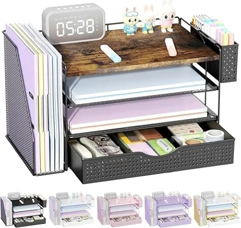 Wood Desk Organizers and Accessories with File Holder & Catalog Racks | 4-Tier Desk Accessories & Workspace Organizers with Drawer and Pen Holder, Desk Reference Racks (Wood, 4T with Drawer)