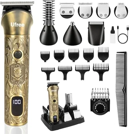 Ufree Professional Beard Trimmer for Men, Electric Shaver Razor, Men Gift | 7 Replaceable Blades for Mustache, Stubble, Face, Body, Nose, T-blade, 12 Adjustable Length Hair Trimmer, Type-C Grooming Kit