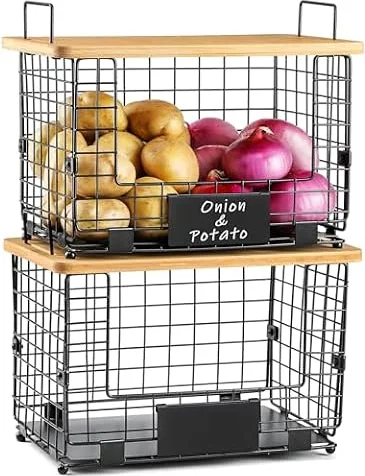 2 Set XL Stackable Wire Basket with Bamboo Tops & Tags- Pantry Organizer and Storage Bins, Kitchen Counter Cabinet Shelf Countertop Under Sink Organizing, Food Snack Produce Onion Potato Bread Storage