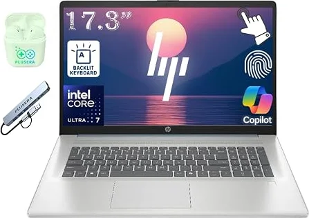 HP 17.3" Touchscreen Laptop Computer, Intel Core Ultra 7 Processor, 16GB RAM 1TB Storage (512GB SSD+512GB External Docking Set), Win11 Pro, FP Reader, Backlit KB, PLUSERA Earphones, Moonlight Blue
