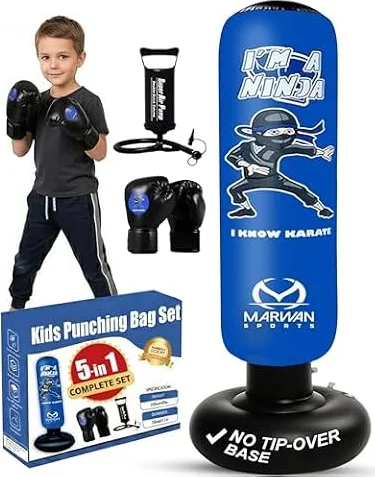 Marwan Sports Ninja Punching Bag for Kids Ages 4-12, 63" 5-in-1 Boxing Set with Kids Boxing Gloves, Pump, Funnel & Base Cover, Freestanding Sensory Toy, for Boys & Girls