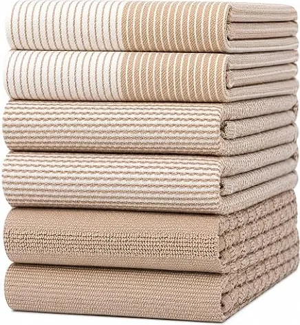 Premium Kitchen Towels 6 Pack 100% Cotton, 20"x28" Dish Towels - Tan | Large Flat & Terry Kitchen Linen Set with Hanging Loops, Highly Absorbent for Washing and Drying Dishes